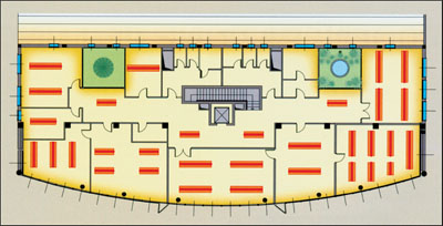 План третьего этажа административного здания, указано расположение охлаждающих балок и двух парников, выполняющих функцию световых колодцев, закрытых фонарями