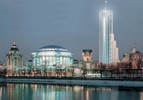Вид на Дом музыки и гостиницу Swissotel Красные Холмы, Москва