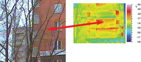 Неутепленные участки стены здания, выявленные при тепловизионном обследовании