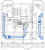 Схема размещения оборудования при организации вытяжной вентиляции в жилом здании серии П44Т/1-17 с сохранением существующих вентиляционных блоков