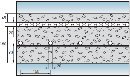 Расположение пластиковых труб в бетонной плите перекрытия между этажами. Все размеры указаны в мм