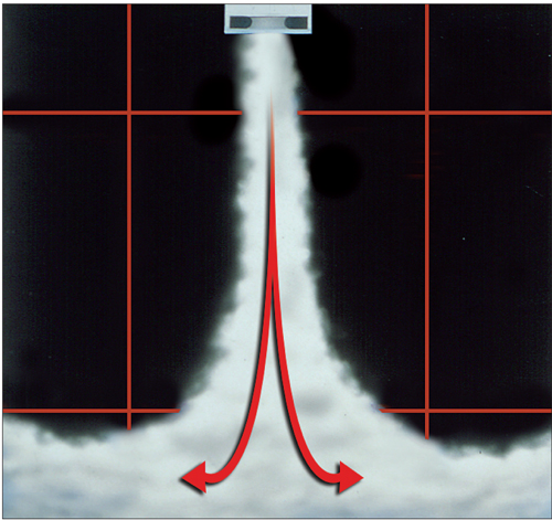 Графическое изображение воздушной струи,
генерируемой в секции воздухораспределителя агрегатов Hoval в режиме нагрева