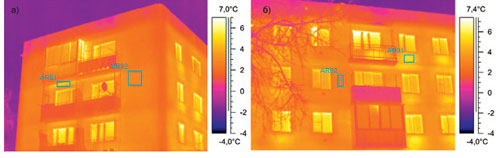 Термограммы фрагментов фасадов здания (Новгородская область)
