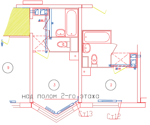 Схема размещения элементов системы вентиляции на типовом этаже жилого здания серии П44Т/1-17