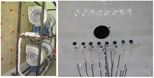 Стенд, имитирующий ветровое воздействие на исследуемую ограждающую конструкцию со стороны холодного отсека климатической камеры (слева), и фрагмент процедуры измерения теплотехнических параметров со стороны теплого отсека (справа)